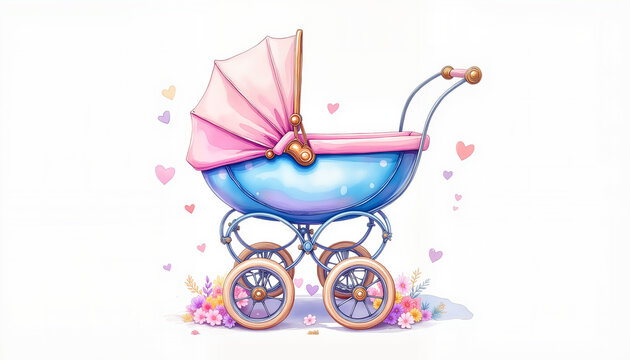 Elegant baby stroller illustration with pastel colors, joyful design