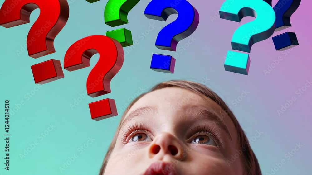 Aufkleber Thoughtful child looking up at colorful floating question marks in various background colors, expressing curiosity and the process of seeking answers