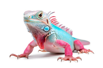 Obraz premium Rainbow color reptilian Iguana sitting on white backdrop
