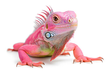 Obraz premium Rainbow color reptilian Iguana sitting on white backdrop