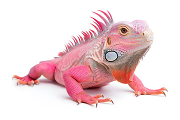 Fototapeta premium Rainbow color reptilian Iguana sitting on white backdrop