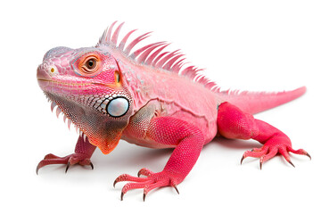Obraz premium Rainbow color reptilian Iguana sitting on white backdrop