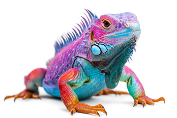 Obraz premium Rainbow color reptilian Iguana sitting on white backdrop