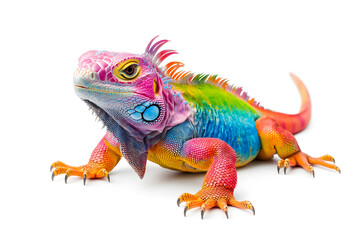 Obraz premium Rainbow color reptilian Iguana sitting on white backdrop