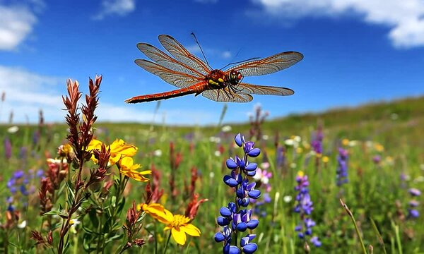 Vibrant dragonfly hovering over colorful wildflowers in nature