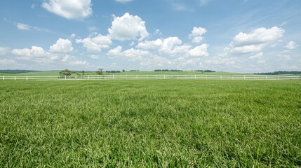 Obraz premium Green pasture, rolling hills, blue sky, idyllic farmland