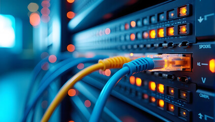 Naklejka premium High-Speed Data Transfer with Ethernet Cables Connected to Network Server in Modern Data Center