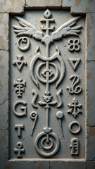 Ancient religious symbols etched into stone wall.