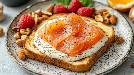 Smoked Salmon Toast with Yogurt, Berries, and Nuts on Plate; Healthy Breakfast