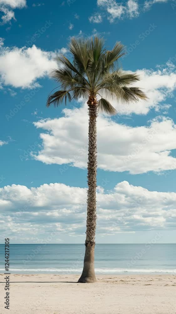 Poster slow motion video showcasing a solitary palm tree on a pristine sandy beach, set against a backdrop 