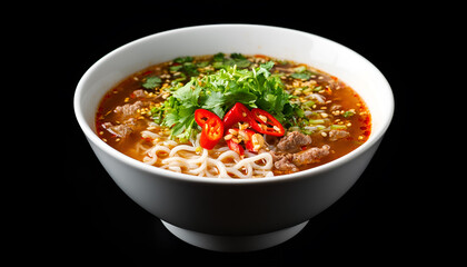 Vietnamese Pho Bo soup, bowl of fresh Asian soup with rice noodles, beef, herbs, soybean sprouts and chili on black background, top view, copy space. Asian advertising banner