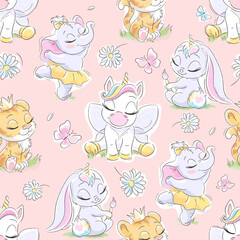 Cartoon. Cute seamless pattern animals baby for children's textiles. Print on clothes and fabric. Fashionable seamless pattern. Design for children.