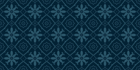 Vector floral seamless pattern with ethnic folk motifs. Simple dark blue abstract geometric ornament texture with cute flowers, repeat tiles. Retro vintage style background. Subtle repeated design
