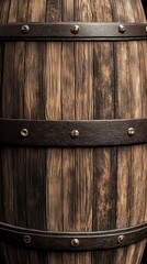 Fototapeta premium Detailed Close-up of a Vintage Wooden Barrel with Intricate Metal Bands