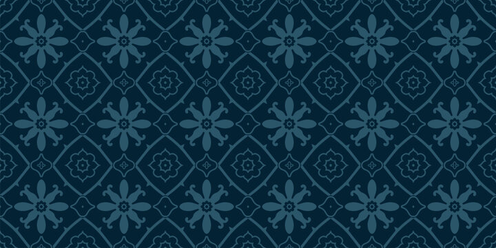 Fototapeta Vector floral seamless pattern with ethnic folk motifs. Simple dark blue abstract geometric ornament texture with cute flowers, repeat tiles. Retro vintage style background. Subtle repeated design