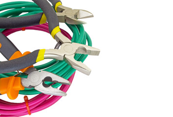 Tools for electrician and cables on white