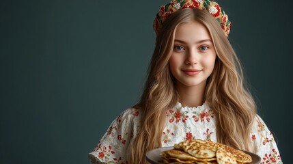 Young woman wearing traditional attire holds a plate of pancakes against a dark background in a cozy setting