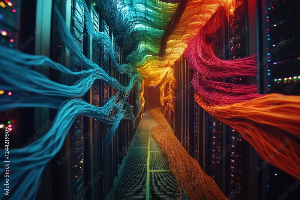 Poster colorful network waves traveling inside of data center . a futuristic representation of data science