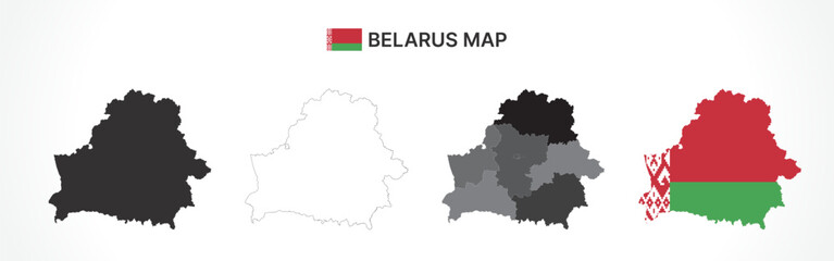 Detailed Belarus Map Collection with Outline, Silhouette, Administrative Divisions, and Flag Overlay Variations