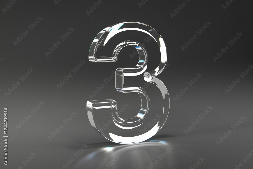 Poster a transparent glass three-dimensional number three on a dark background.