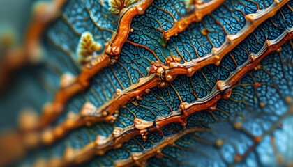 a close up of a leaf with a blue background