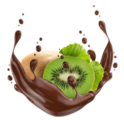 kiwi in chocolate splash isolated on a white background