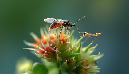 a fly on a flower with a bug