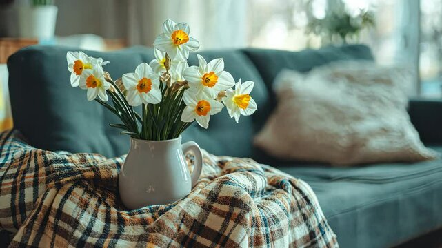 Cozy living room with blooming daffodils on plaid blanket in soft light