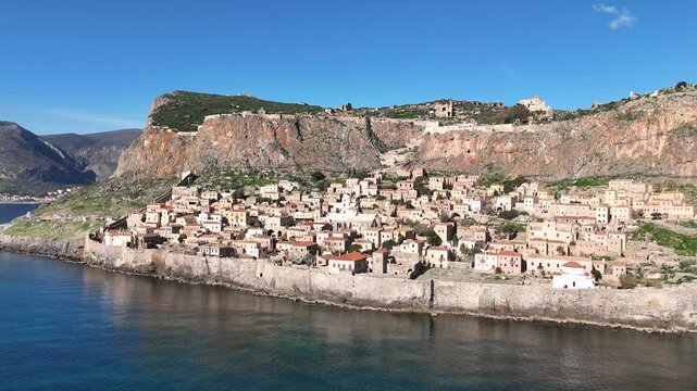 Aerial view of Monemvasia, a medieval fortress town on a rocky peninsula in Laconia, Peloponnese, Greece