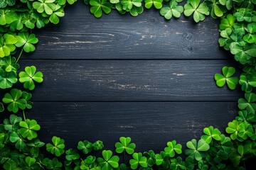 Green Shamrock Frame on Dark Wooden Background – St. Patrick’s Day Template