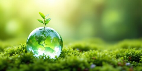 Glass globe with green plant on moss in forest. Environmental conservation concept. Nature protection and sustainable development symbol with green bokeh background