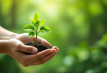 Human hands holding young green plant seedling in soil against blurred natural background. Environmental care, growth, and sustainability concept. Earth day message with copy space