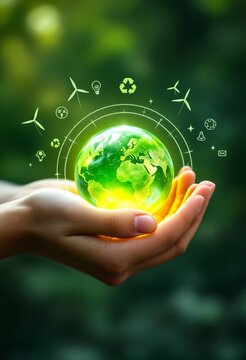 Human hand holding glowing green earth with renewable energy icons. Environmental protection and sustainability concept. Eco-friendly global conservation with natural background