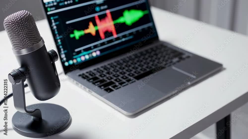 Poster professional microphone and laptop with audio editing software positioned for creating podcast conte