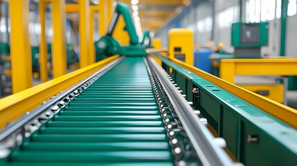 A close-up view of a green conveyor belt in a modern industrial setting, showcasing automation and efficiency in a warehouse or manufacturing environment.