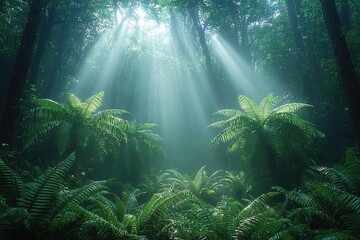 Obraz premium Sunbeams Illuminate Lush Green Forest Canopy