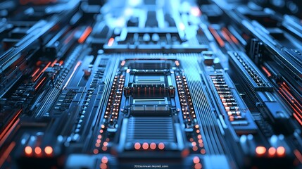 A close-up view of a futuristic circuit board featuring blue and orange lights, emphasizing intricate electronic pathways and components.