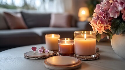 Valentine's coffee table arrangement with elegant coasters scented candles and a floral accent styled for cozy living room decor