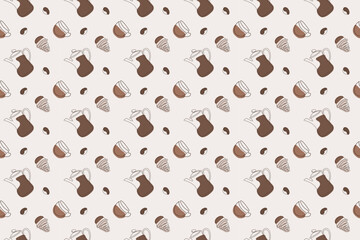 Seamless pattern. A coffee pot, a cup, a cupcake in a linear style in shades of the fashionable color of 2025. Vector graphics