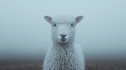 Obraz premium Foggy field, lamb portrait, serene landscape, calm mood, nature photography
