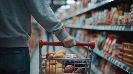person's hand holding a red handle of a shopping cart in a supermarket aisle. The person is wearing a grey sweatshirt and blue jeans