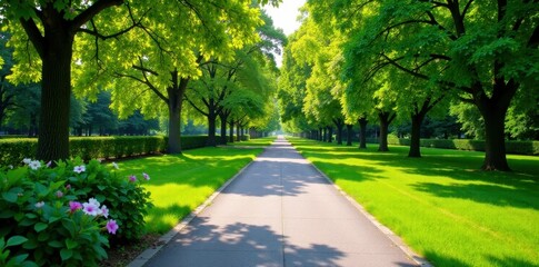Obraz premium Neatly paved walkway meanders through lush parkland, scenery, detail