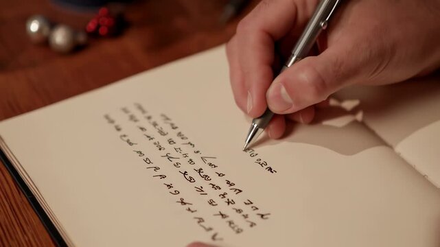 Writer using elvish script in notebook near christmas ornaments