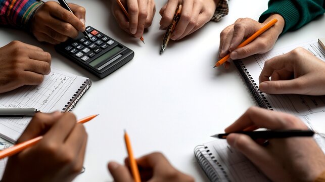 Diverse Hands Working on Math Problems Together