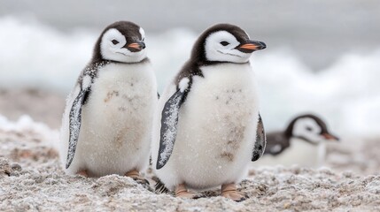 Obraz premium Two gentoo penguin chicks on snowy beach, ocean background; wildlife conservation