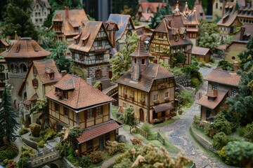 Charming miniature town showcasing traditional european architecture, complete with half timbered houses, cobblestone streets, and lush greenery