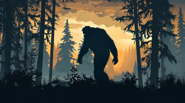 Mystical Bigfoot Silhouette in a Forest at Sunset with Wildlife Elements
