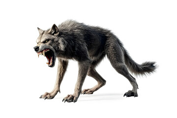Fototapeta premium Realistic scary werewolf with wild appearance isolated on a white background. Ferocious werewolf snarling with menacing stance 