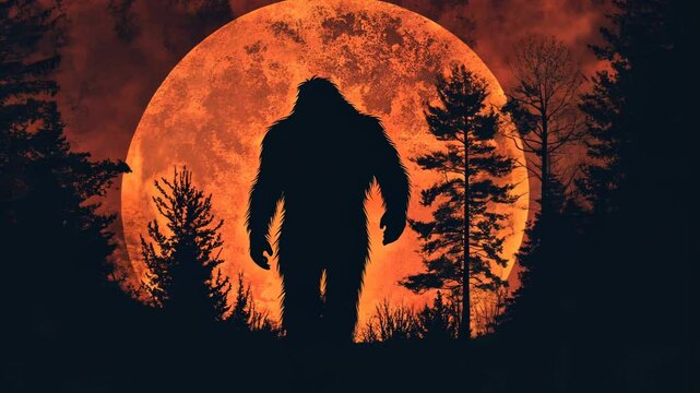Silhouette of Bigfoot and Yeti in Forest at Sunset with Moon Couple Cartoon Illustration