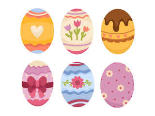Cartoon set with different easter cute eggs ornament on white background. Vector illustration of easter symbol.